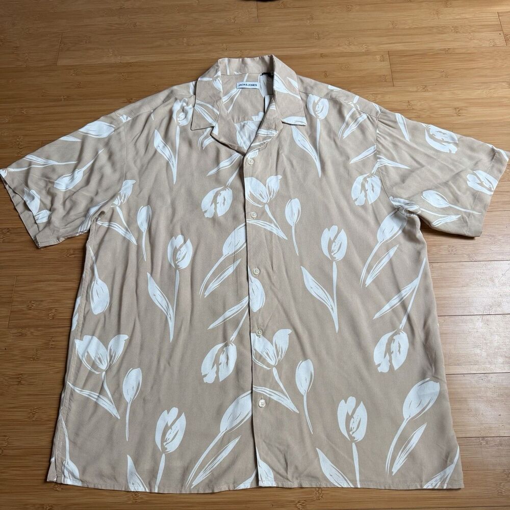 3/$30 Jack & Jones Resort Camp Shirt Mens L Oxford Tan Floral Tulip Viscose